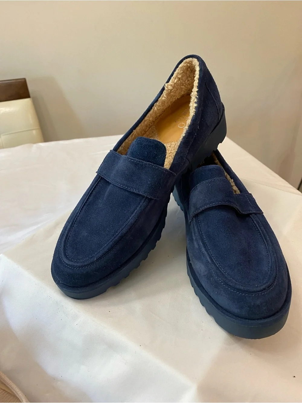Franco Sarto Navy Suede Women's Loafers with Shearling Lining